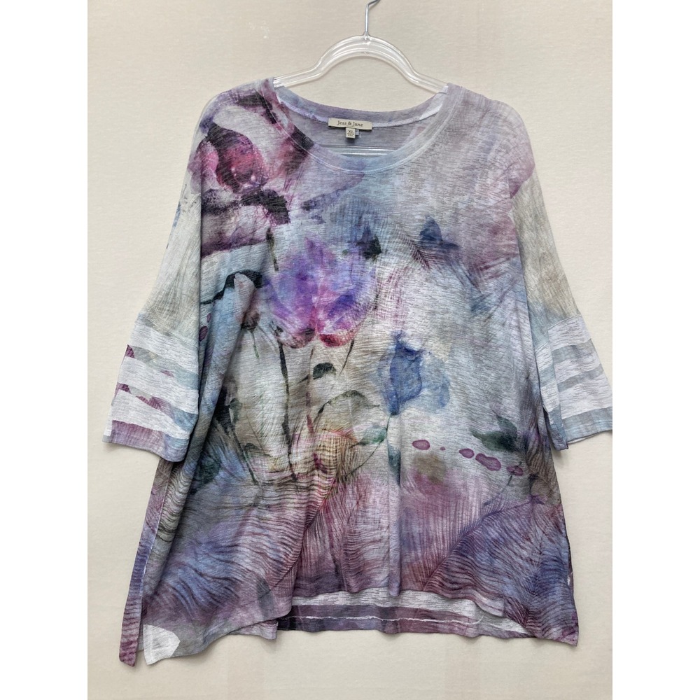Jess & Jane Floral Top XL Purple Watercolor Art to Wear Stretch Knit Boho